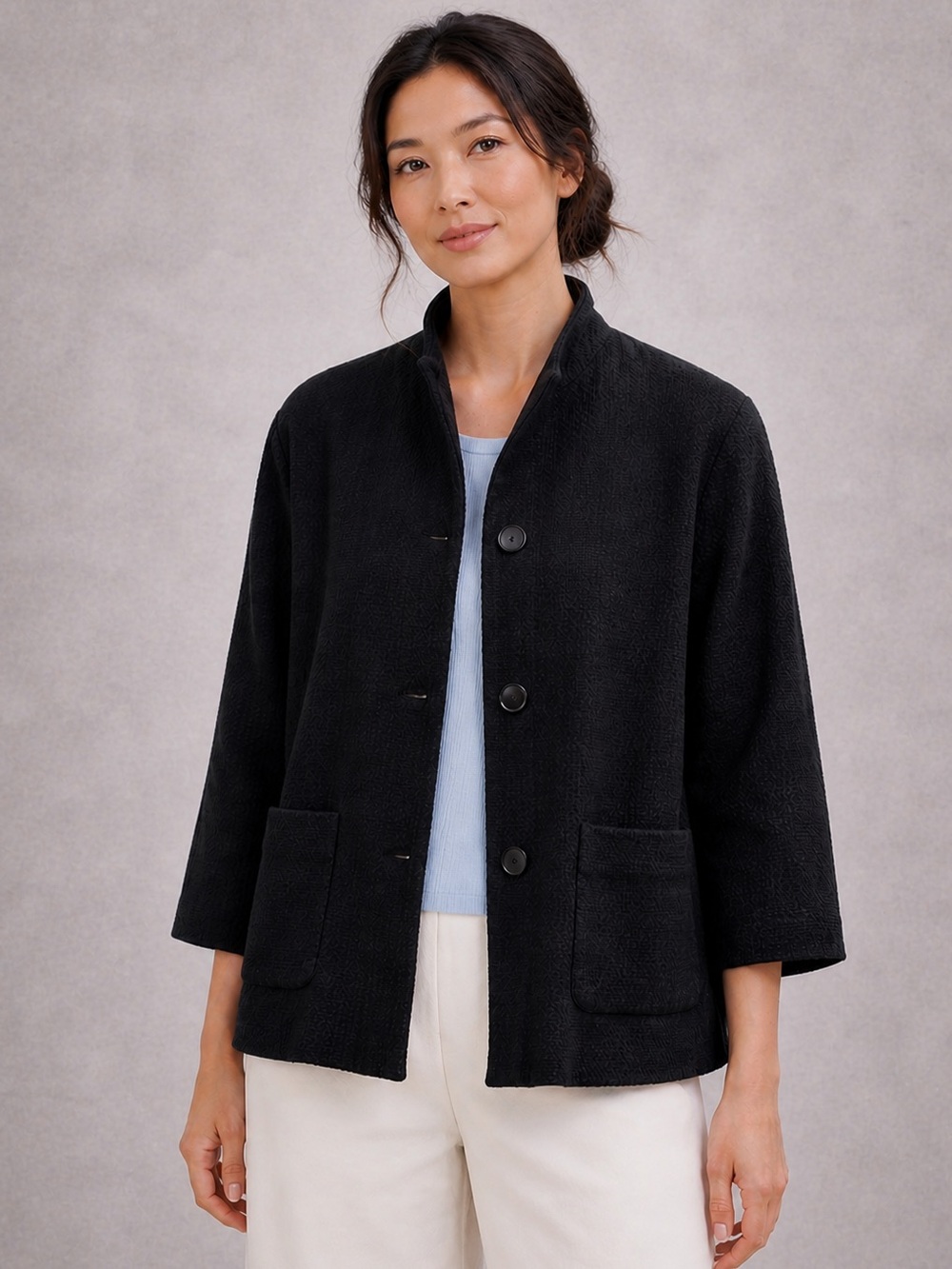 Eileen Fisher Cotton Wool Blend Jacket Black Textured 3/4 Sleeve Blazer